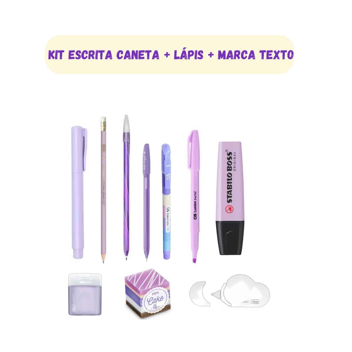 Kit Escrita Tons Lilás Pastel e Neon | Caneta + Marca Texto + Lápis de Escrever | Material Escolar | Papelaria
