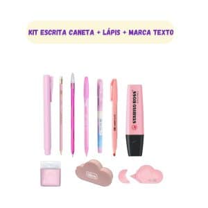 Kit Escrita Tons Rosa Pastel e Neon | Caneta + Marca Texto + Lápis de Escrever | Material Escolar | Papelaria