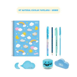 Kit Material Escolar Caderno 1 Matéria Feminino Papelaria Tema Nuvem Cute Azul Pastel